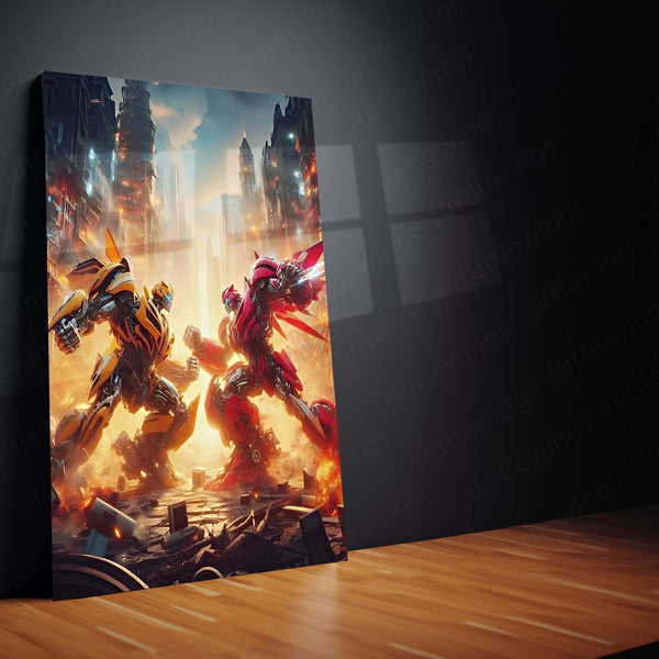 Transformers Rise of Cybertron Poster – Epic Robot Showdown Artwork | Sci-Fi Battle Metal Frame
