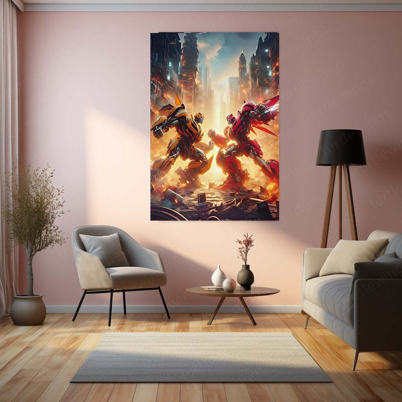 Transformers Rise of Cybertron Poster – Epic Robot Showdown Artwork | Sci-Fi Battle Metal Frame
