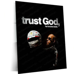 Quote Metal Poster | Lewis Hamilton – Trust God’s Timing Metal Frame Faith, Patience & Divine Alignment Wall Art | Calm Strength Mindset Quote Metal Poster