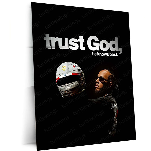 Quote Metal Poster | Lewis Hamilton – Trust God’s Timing Metal Frame Faith, Patience & Divine Alignment Wall Art | Calm Strength Mindset Quote Metal Poster