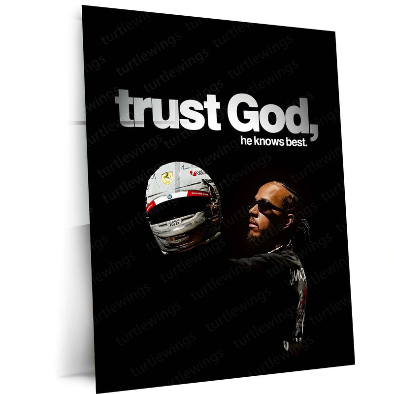 Quote Metal Poster | Lewis Hamilton – Trust God’s Timing Metal Frame Faith, Patience & Divine Alignment Wall Art | Calm Strength Mindset Quote Metal Poster
