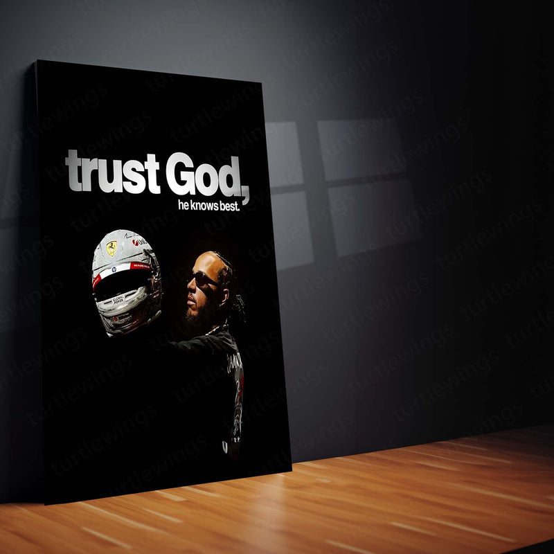 Quote Metal Poster | Lewis Hamilton – Trust God’s Timing Metal Frame Faith, Patience & Divine Alignment Wall Art | Calm Strength Mindset Quote Metal Poster