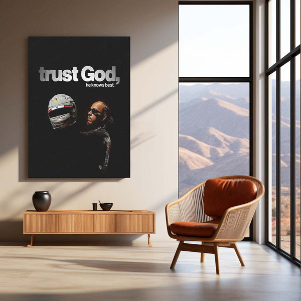 Quote Metal Poster | Lewis Hamilton – Trust God’s Timing Metal Frame Faith, Patience & Divine Alignment Wall Art | Calm Strength Mindset Quote Metal Poster