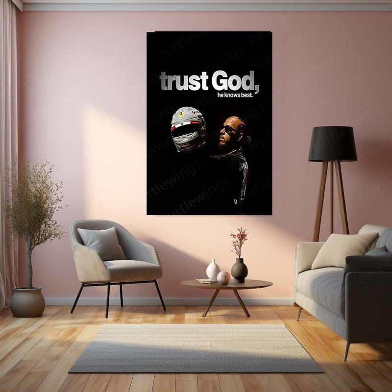 Quote Metal Poster | Lewis Hamilton – Trust God’s Timing Metal Frame Faith, Patience & Divine Alignment Wall Art | Calm Strength Mindset Quote Metal Poster