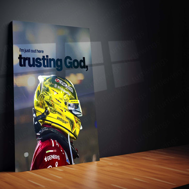 Quote Metal Poster | Lewis Hamilton – Trusting God’s Timing Metal Frame Faith, Patience & Inner Peace Wall Art | Confidence Quote Metal Poster