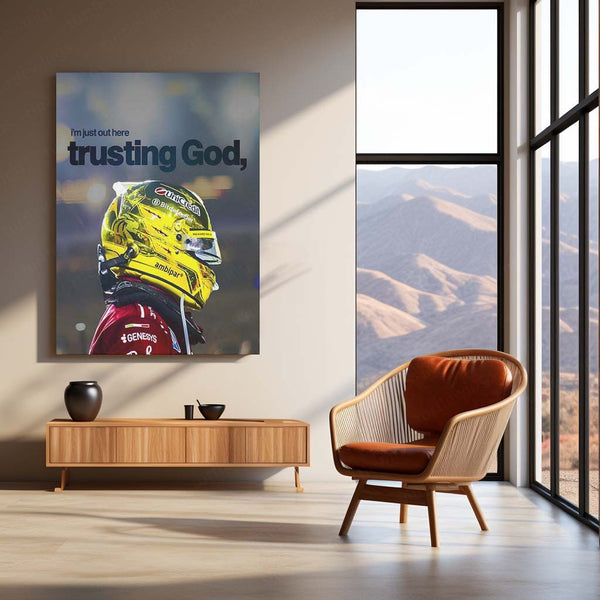 Quote Metal Poster | Lewis Hamilton – Trusting God’s Timing Metal Frame Faith, Patience & Inner Peace Wall Art | Confidence Quote Metal Poster