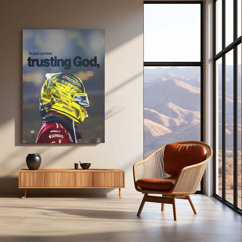 Quote Metal Poster | Lewis Hamilton – Trusting God’s Timing Metal Frame Faith, Patience & Inner Peace Wall Art | Confidence Quote Metal Poster