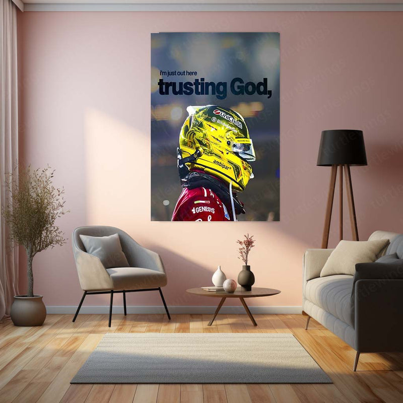 Quote Metal Poster | Lewis Hamilton – Trusting God’s Timing Metal Frame Faith, Patience & Inner Peace Wall Art | Confidence Quote Metal Poster