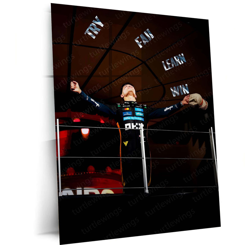 Quote Metal Poster | Lando Norris – Try. Fail. Learn. Win. Metal Frame Relentless Growth & Champion Mindset Wall Art | Performance Discipline Quote Metal Poster