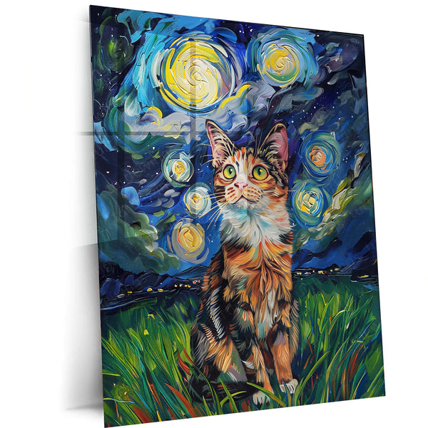 Van Gogh Style Starry Night Cat – Whimsical Feline Metal Frame | Colorful Artistic Wall Decor