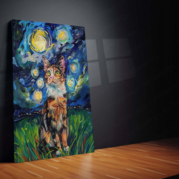Van Gogh Style Starry Night Cat – Whimsical Feline Metal Frame | Colorful Artistic Wall Decor