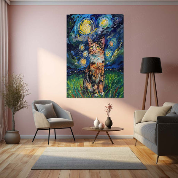Van Gogh Style Starry Night Cat – Whimsical Feline Metal Frame | Colorful Artistic Wall Decor