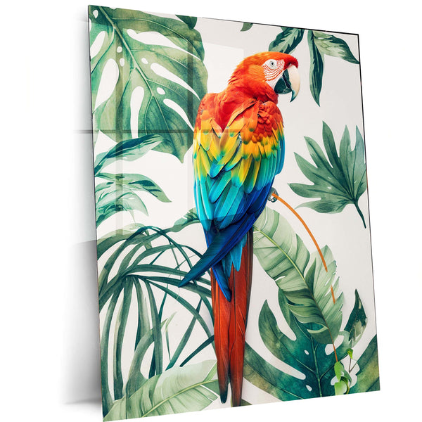 Vibrant Macaw Parrot – Tropical Leaves Metal Frame | Exotic Bird Art | Jungle-Inspired Wall Decor