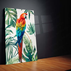 Vibrant Macaw Parrot – Tropical Leaves Metal Frame | Exotic Bird Art | Jungle-Inspired Wall Decor