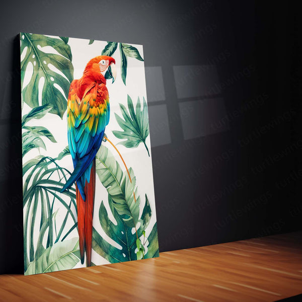 Vibrant Macaw Parrot – Tropical Leaves Metal Frame | Exotic Bird Art | Jungle-Inspired Wall Decor
