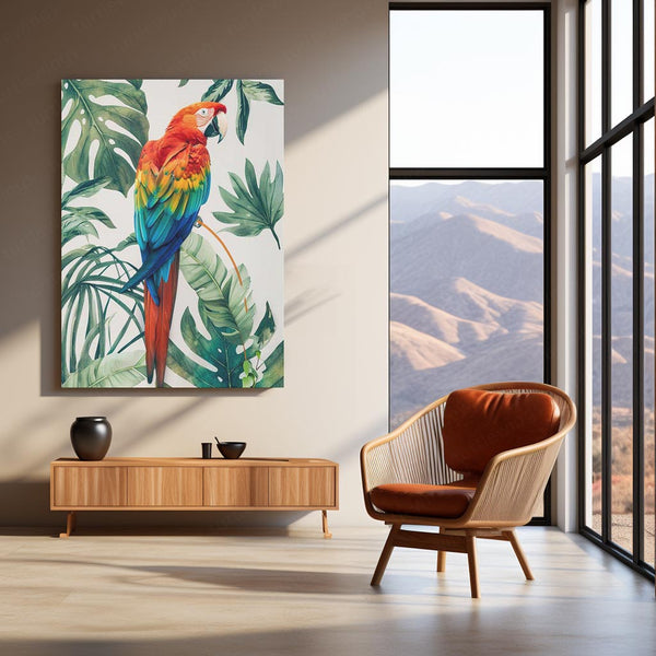 Vibrant Macaw Parrot – Tropical Leaves Metal Frame | Exotic Bird Art | Jungle-Inspired Wall Decor