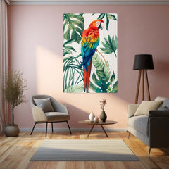 Vibrant Macaw Parrot – Tropical Leaves Metal Frame | Exotic Bird Art | Jungle-Inspired Wall Decor