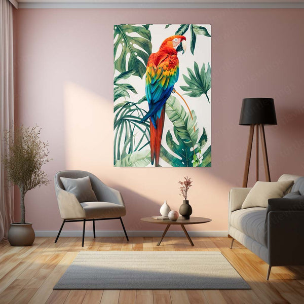 Vibrant Macaw Parrot – Tropical Leaves Metal Frame | Exotic Bird Art | Jungle-Inspired Wall Decor