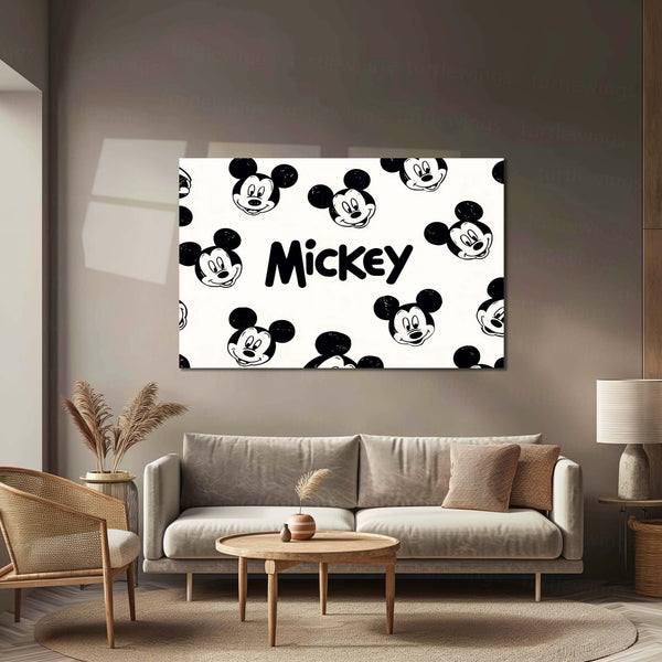 Vintage Mickey Mouse Faces – Retro Cartoon Metal Frame | Black & White Disney-Inspired Wall Art