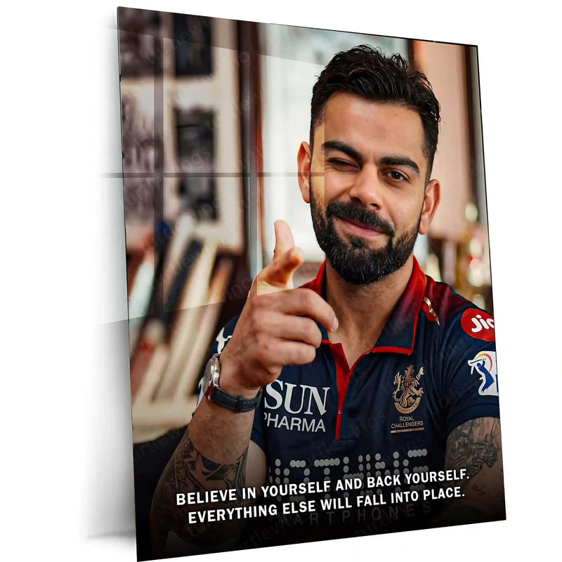 Cricket Metal Poster | Virat Kohli Metal Poster | Believe in Yourself Quote Wall Art | Cricket Legend RCB Frame - TURTLEWINGS 