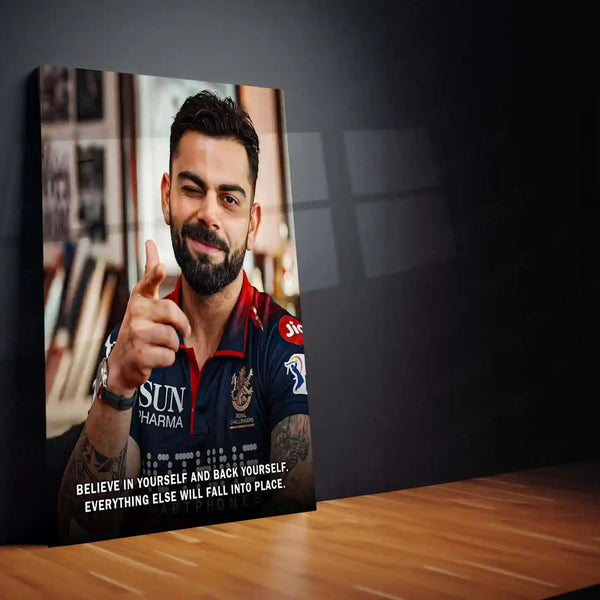 Cricket Metal Poster | Virat Kohli Metal Poster | Believe in Yourself Quote Wall Art | Cricket Legend RCB Frame - TURTLEWINGS 