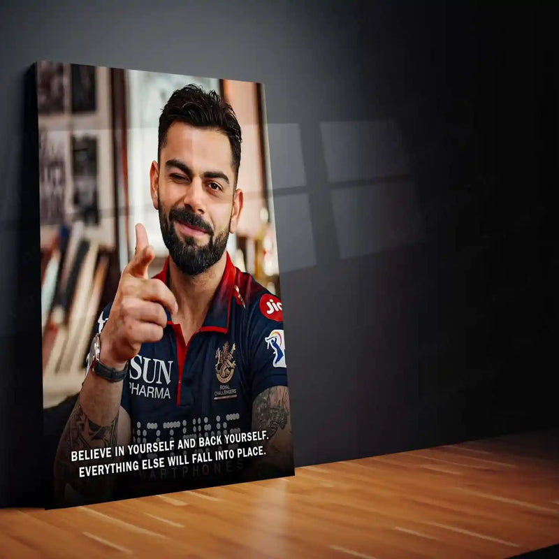 Cricket Metal Poster | Virat Kohli Metal Poster | Believe in Yourself Quote Wall Art | Cricket Legend RCB Frame - TURTLEWINGS 