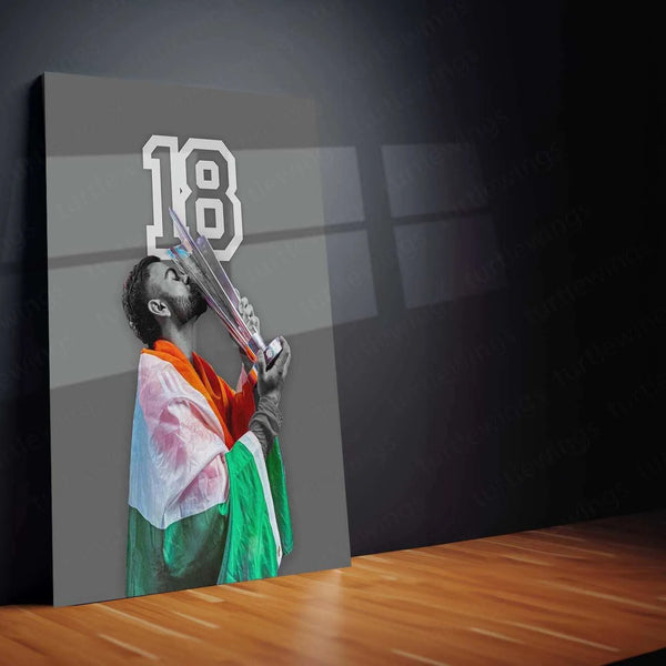 Virat Kohli with Trophy Metal Poster – Team India Champion Wall Art | Cricket Memorabilia - TURTLEWINGS 