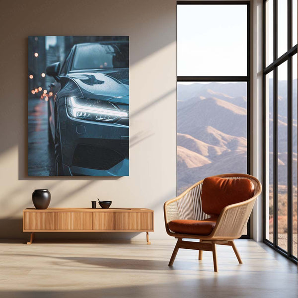 Volvo Sedan – Rain City Drive Neon LED Metal Poster | Scandinavian Elegance in Motion | Luxury Car Wall Art