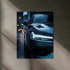 Volvo Sedan – Rain City Drive Neon LED Metal Poster | Scandinavian Elegance in Motion | Luxury Car Wall Art