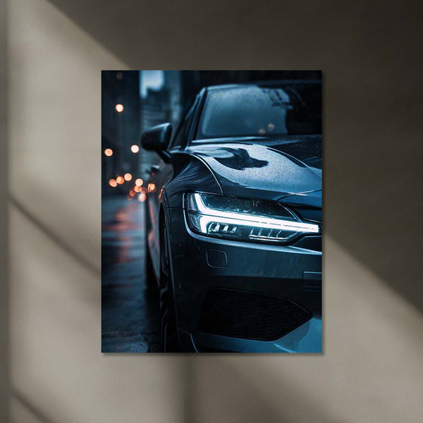 Volvo Sedan – Rain City Drive Neon LED Metal Poster | Scandinavian Elegance in Motion | Luxury Car Wall Art