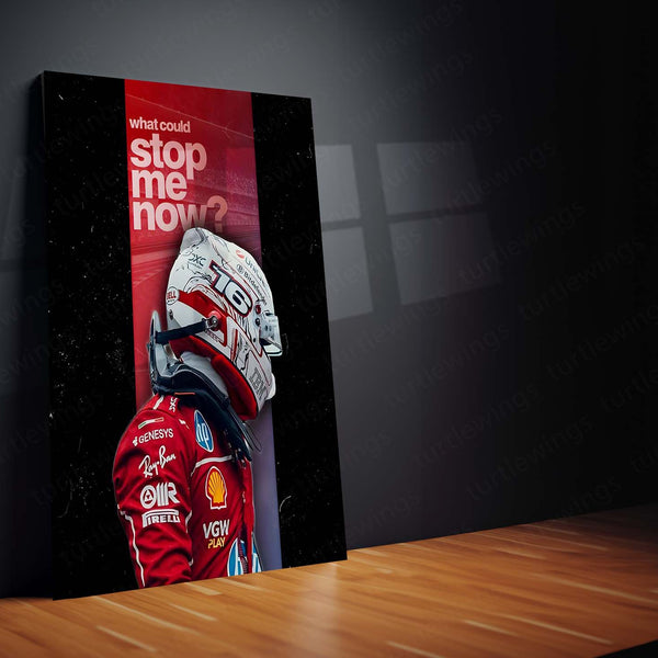 Quote Metal Poster | Charles Leclerc – What Could Stop Me Now? Metal Frame Relentless Momentum & Redemption Energy Wall Art | Fearless Drive Quote Metal Poster