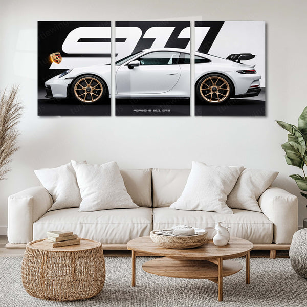 Car Metal Poster Set of 3 | Porsche 911 GT3 | White Performance Sports Car Triptych Wall Art | Premium Automotive Metal Print