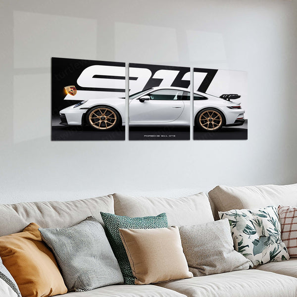 Car Metal Poster Set of 3 | Porsche 911 GT3 | White Performance Sports Car Triptych Wall Art | Premium Automotive Metal Print