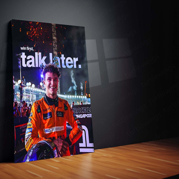 Quote Metal Poster | Lando Norris – Win First, Talk Later Metal Frame Results-Over-Noise Mindset Wall Art | Quiet Confidence & Champion Energy Metal Poster