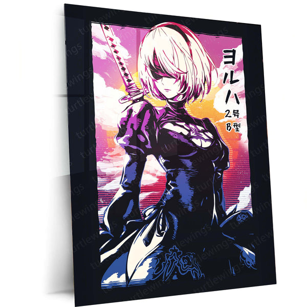 Anime Metal Poster | YoRHa No.2 Type B (2B) – NieR: Automata Metal Poster | Android Warrior Wall Frame