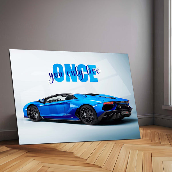 You Only Live Once – Blue Lamborghini Aventador Roadster Metal Poster | YOLO Luxury Supercar Wall Art