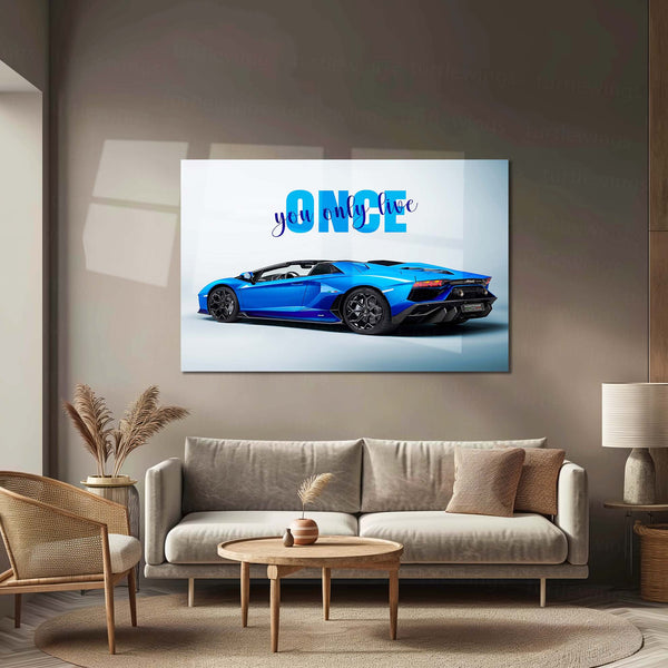 You Only Live Once – Blue Lamborghini Aventador Roadster Metal Poster | YOLO Luxury Supercar Wall Art
