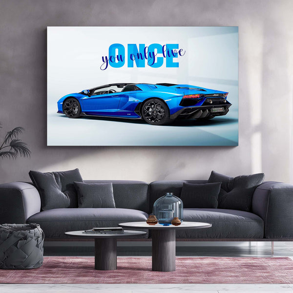 You Only Live Once – Blue Lamborghini Aventador Roadster Metal Poster | YOLO Luxury Supercar Wall Art
