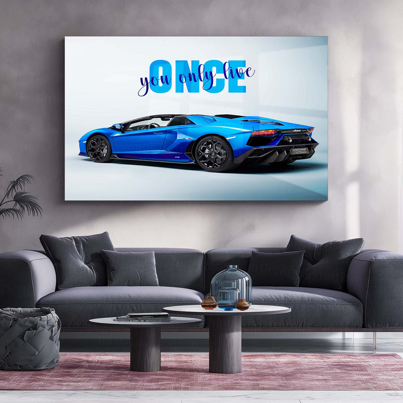 You Only Live Once – Blue Lamborghini Aventador Roadster Metal Poster | YOLO Luxury Supercar Wall Art