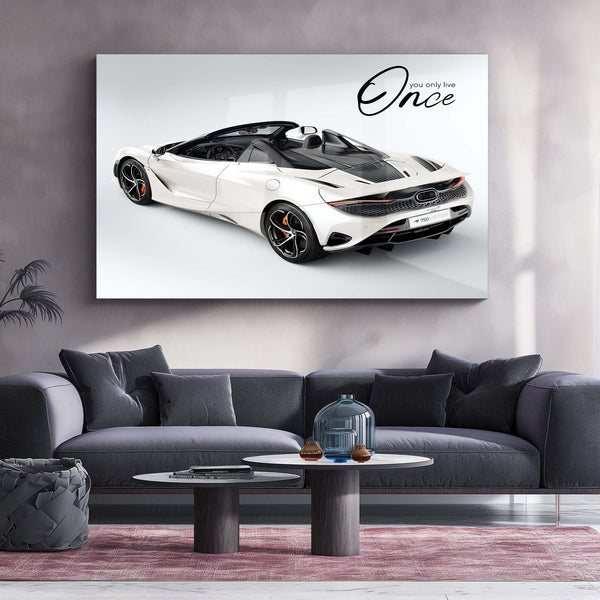 You Only Live Once – White McLaren 750S Spider Metal Frame | YOLO Supercar Wall Art