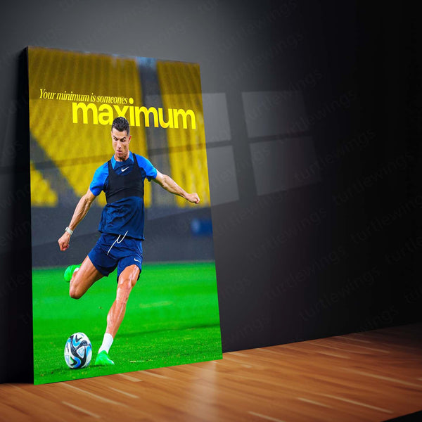 Your Minimum is Someone’s Maximum – Cristiano Ronaldo in Action | Elite Mindset Metal Frame | Football Motivation Wall Art