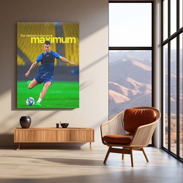 Your Minimum is Someone’s Maximum – Cristiano Ronaldo in Action | Elite Mindset Metal Frame | Football Motivation Wall Art