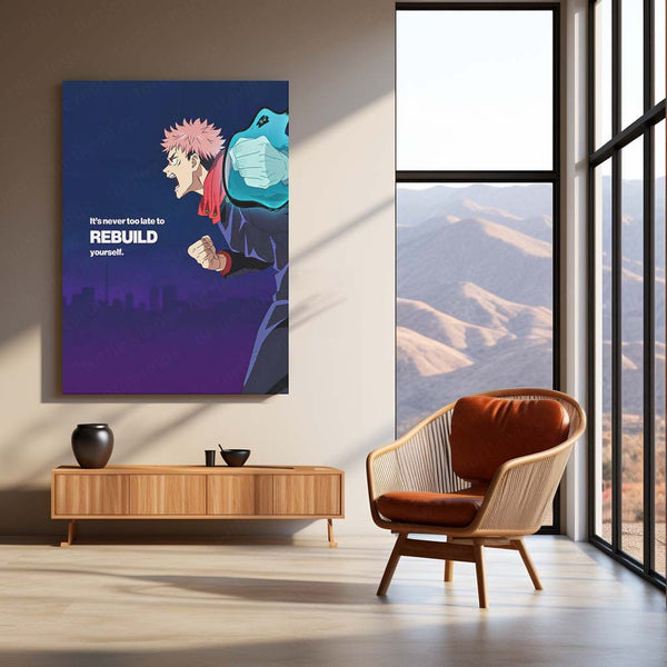 Anime Metal Poster | Yuji Itadori “It’s Never Too Late to Rebuild Yourself” Metal Poster | Jujutsu Kaisen Motivational Anime Wall Art | Comeback & Self-Growth Metal Print