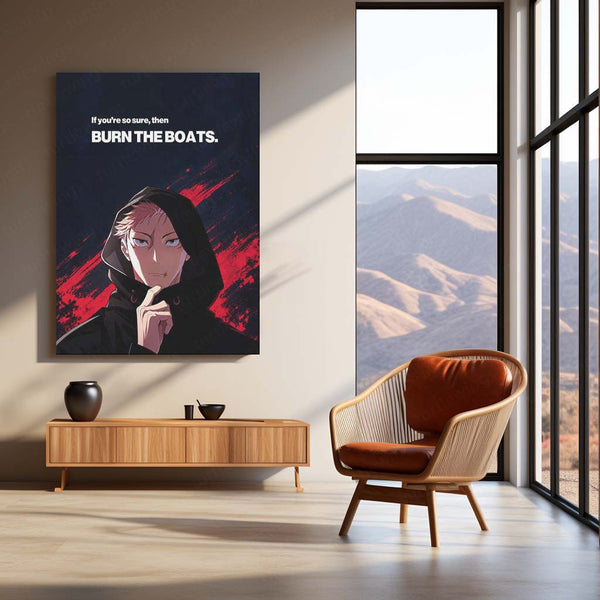 Anime Metal Poster | Yuji Itadori “Burn the Boats” Motivational Metal Poster | Jujutsu Kaisen Anime Wall Art | Commitment & No-Excuses Mindset Metal Print