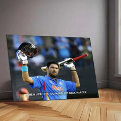 Cricket Metal Frame | Yuvraj Singh Metal Poster | Hit Back Hard Quote Wall Art | Indian Cricket Legend Frame - TURTLEWINGS 
