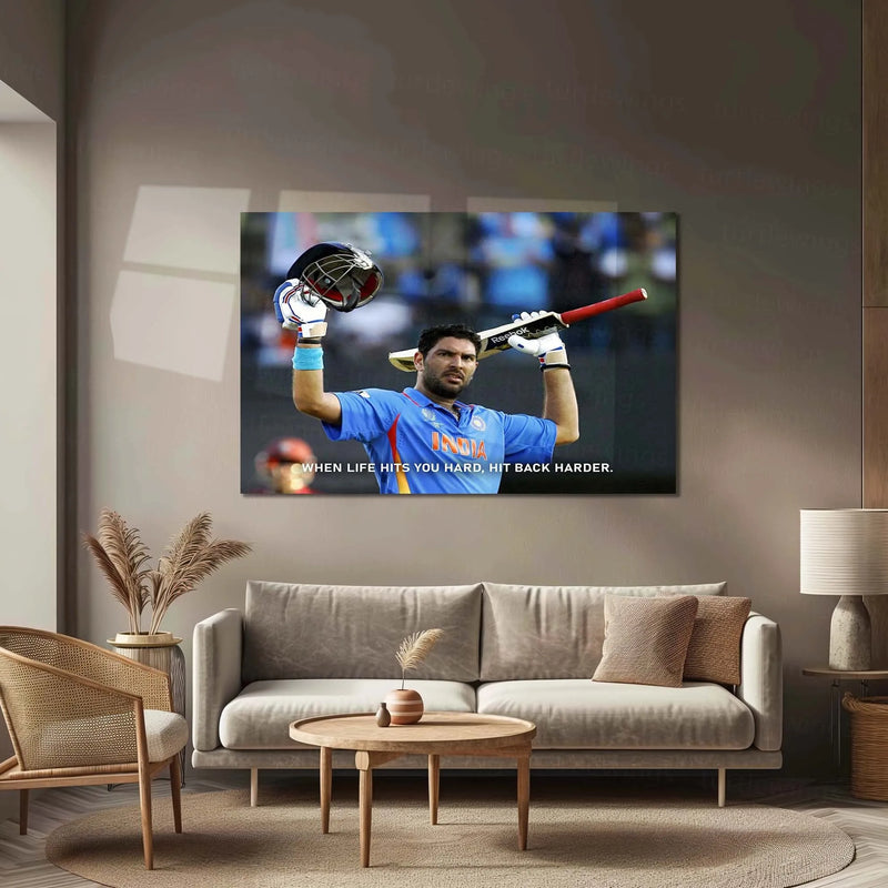 Cricket Metal Frame | Yuvraj Singh Metal Poster | Hit Back Hard Quote Wall Art | Indian Cricket Legend Frame - TURTLEWINGS 