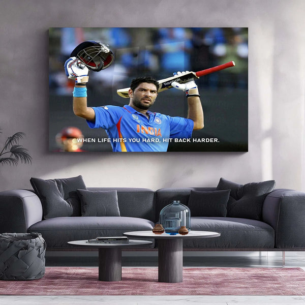 Cricket Metal Frame | Yuvraj Singh Metal Poster | Hit Back Hard Quote Wall Art | Indian Cricket Legend Frame - TURTLEWINGS 