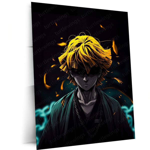 Anime Metal Poster | Zenitsu Agatsuma Dark Aura Metal Poster | Demon Slayer Anime Wall Art | Yellow & Teal Thunder Warrior Metal Print