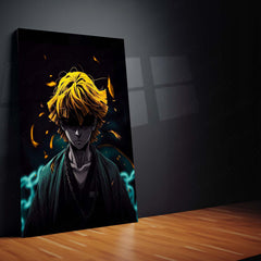Anime Metal Poster | Zenitsu Agatsuma Dark Aura Metal Poster | Demon Slayer Anime Wall Art | Yellow & Teal Thunder Warrior Metal Print
