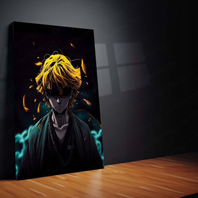 Anime Metal Poster | Zenitsu Agatsuma Dark Aura Metal Poster | Demon Slayer Anime Wall Art | Yellow & Teal Thunder Warrior Metal Print